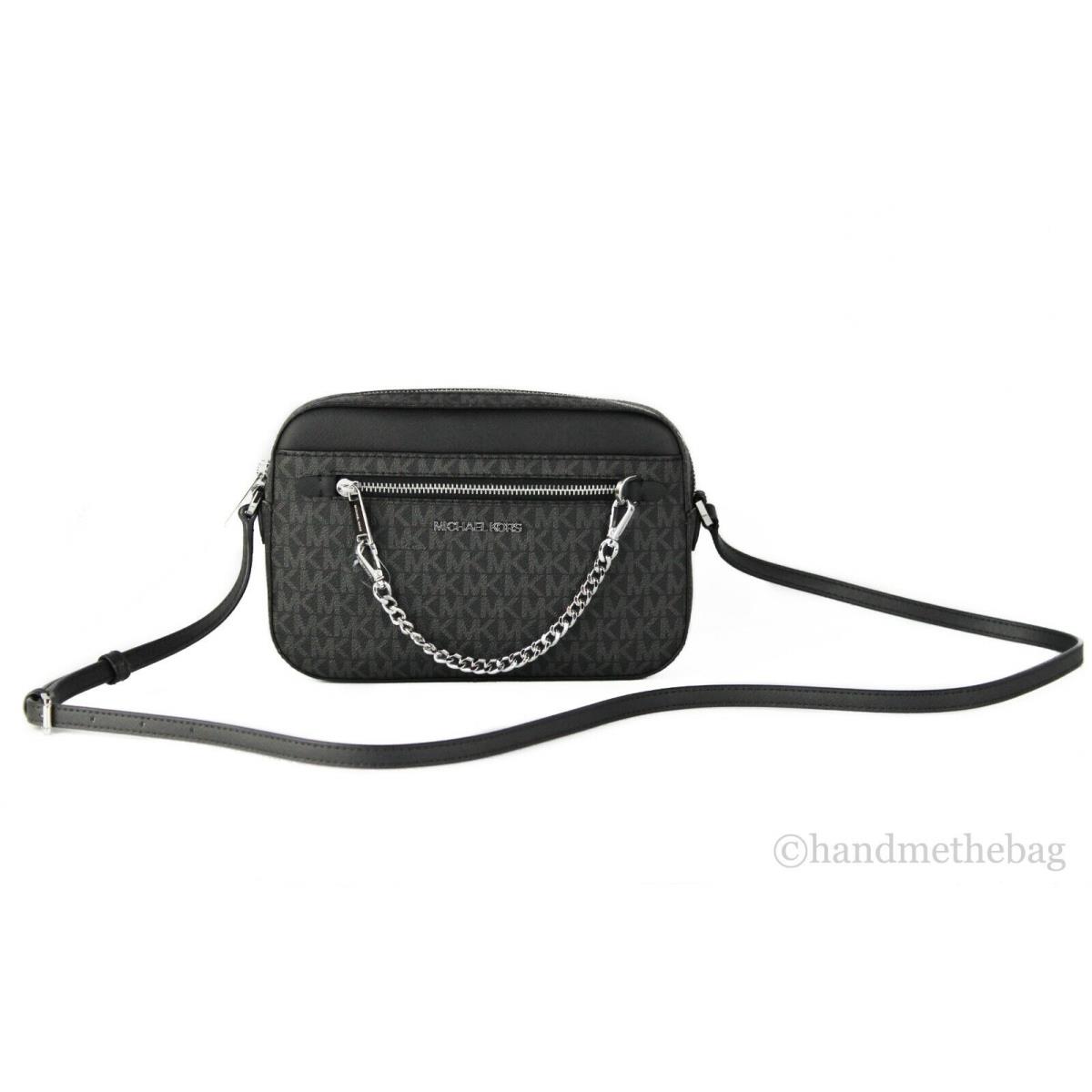 Michael Kors Jet Set Large East West Saffiano Leather Crossbody Bag Handbag Black Signature/Silver (Chain)