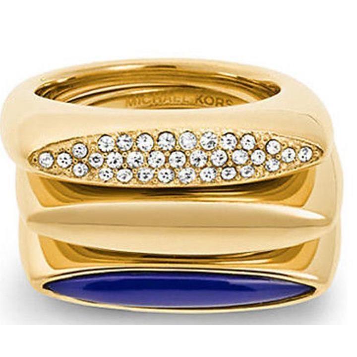 Michael Kors Gold Tone Blue Lapis Crystal Set OF 3 Stacking Rings Size 6 MKJ4512