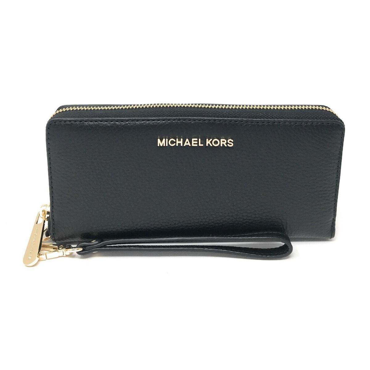 Michael Kors Jet Set Travel Large Travel Continental Wristlet Wallet Clutch Black Gold Tone