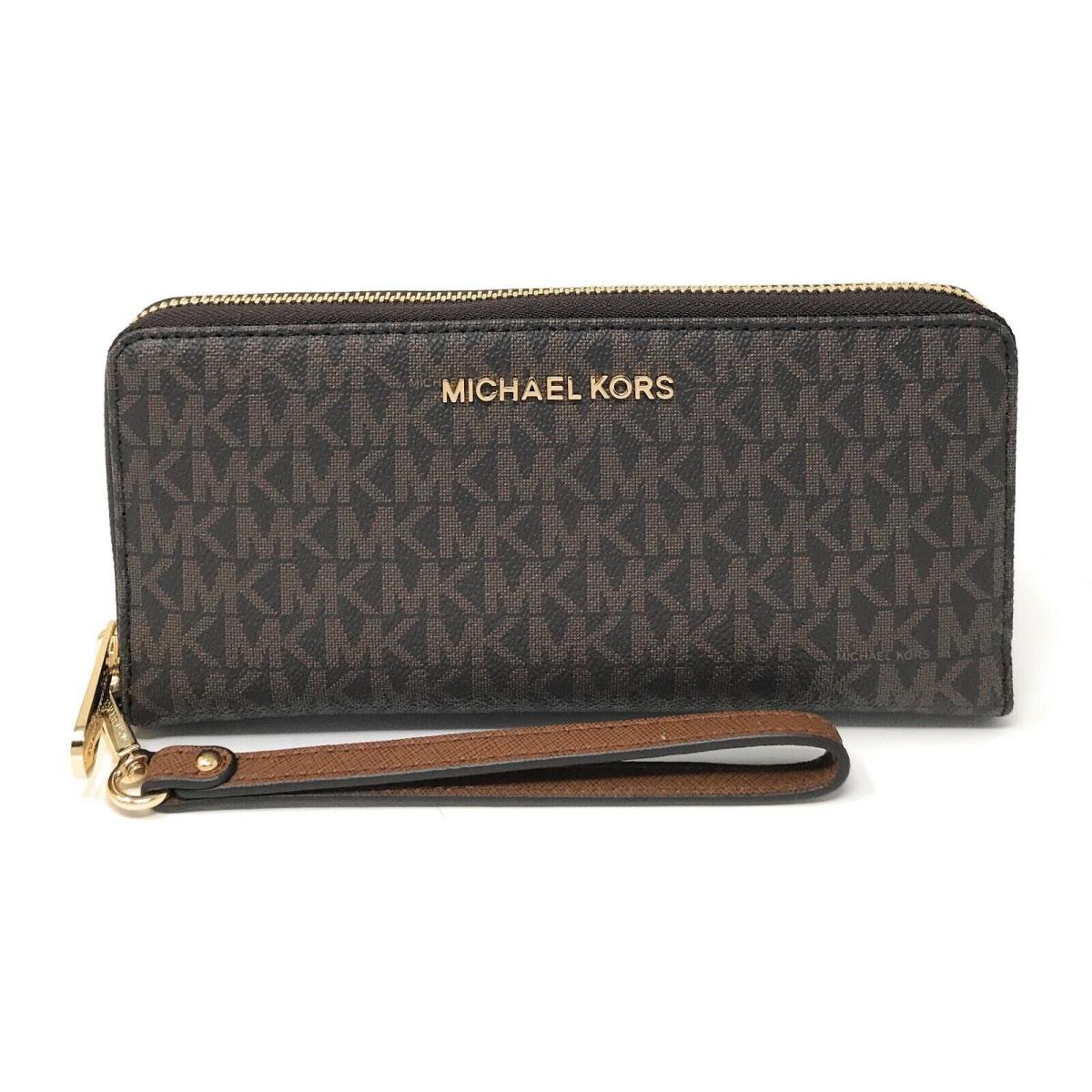 Michael Kors Jet Set Travel Large Travel Continental Wristlet Wallet Clutch Brown Signature