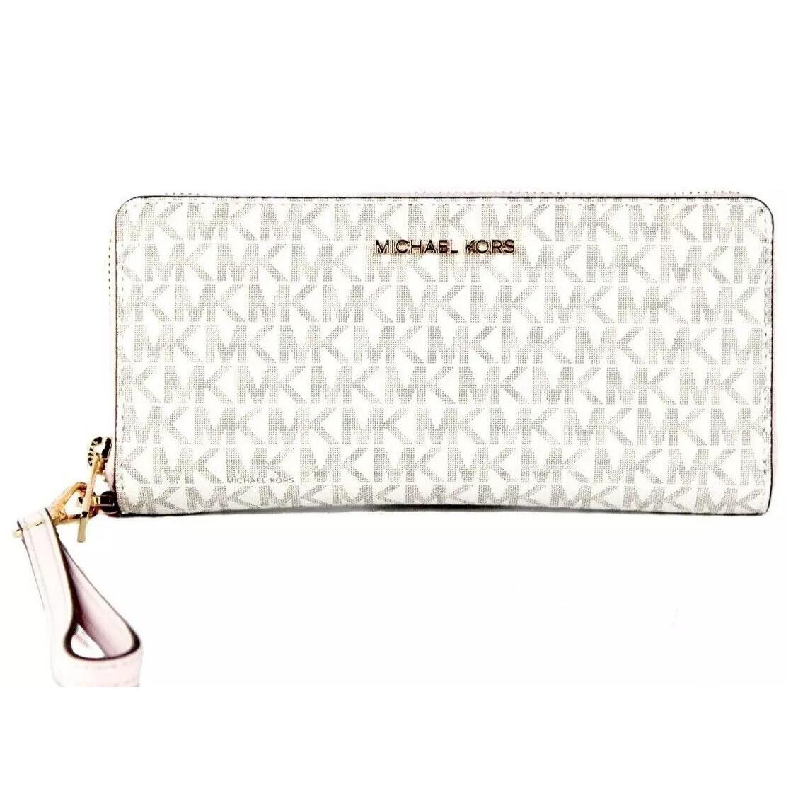 Michael Kors Jet Set Travel Large Travel Continental Wristlet Wallet Clutch Powder Blush Vanilla Signature/Gold Tone