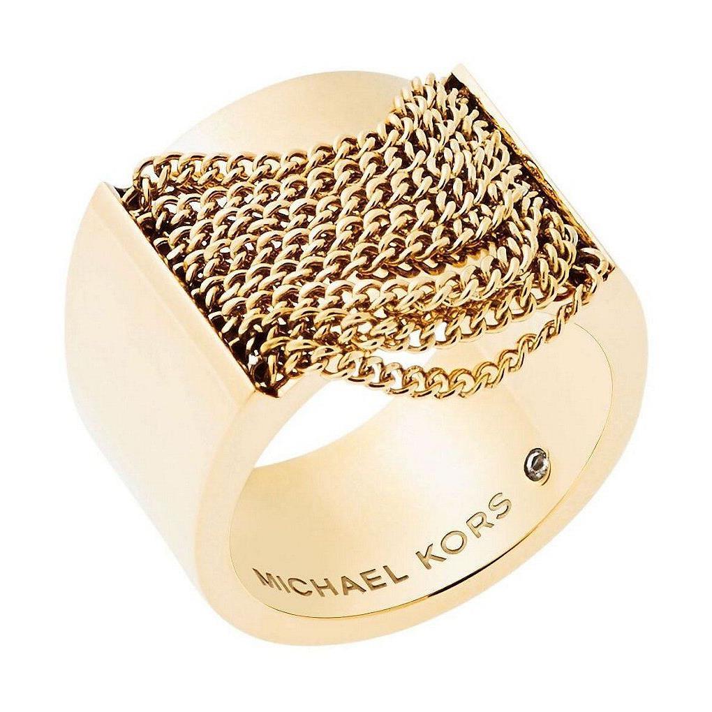 Michael Kors Gold Tone Fringe Chain Swag Barrel Ring Band MKJ5795 Size 7