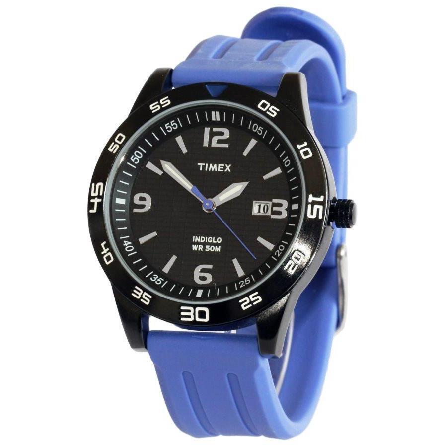 New-timex Classic Rubber Band+black Stainless Steel Dial+date+indiglo Watch+box - Dial: Black, Band: Blue, Red, Yellow, /TONE: BLUE BAND T2P137