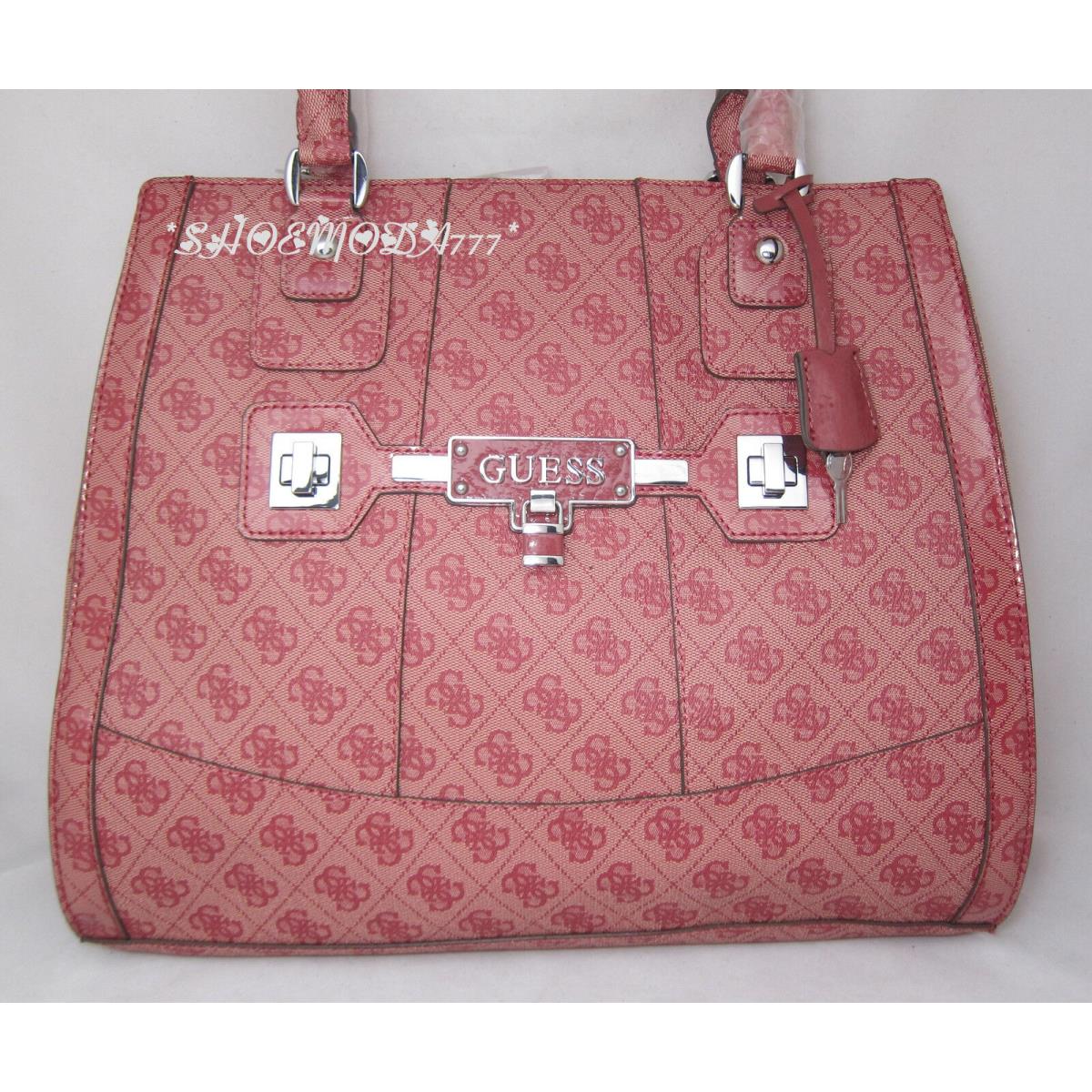 Guess Reveal Large Tote Business Bag Purse Coated Signature G Canvas Lock Key Reds