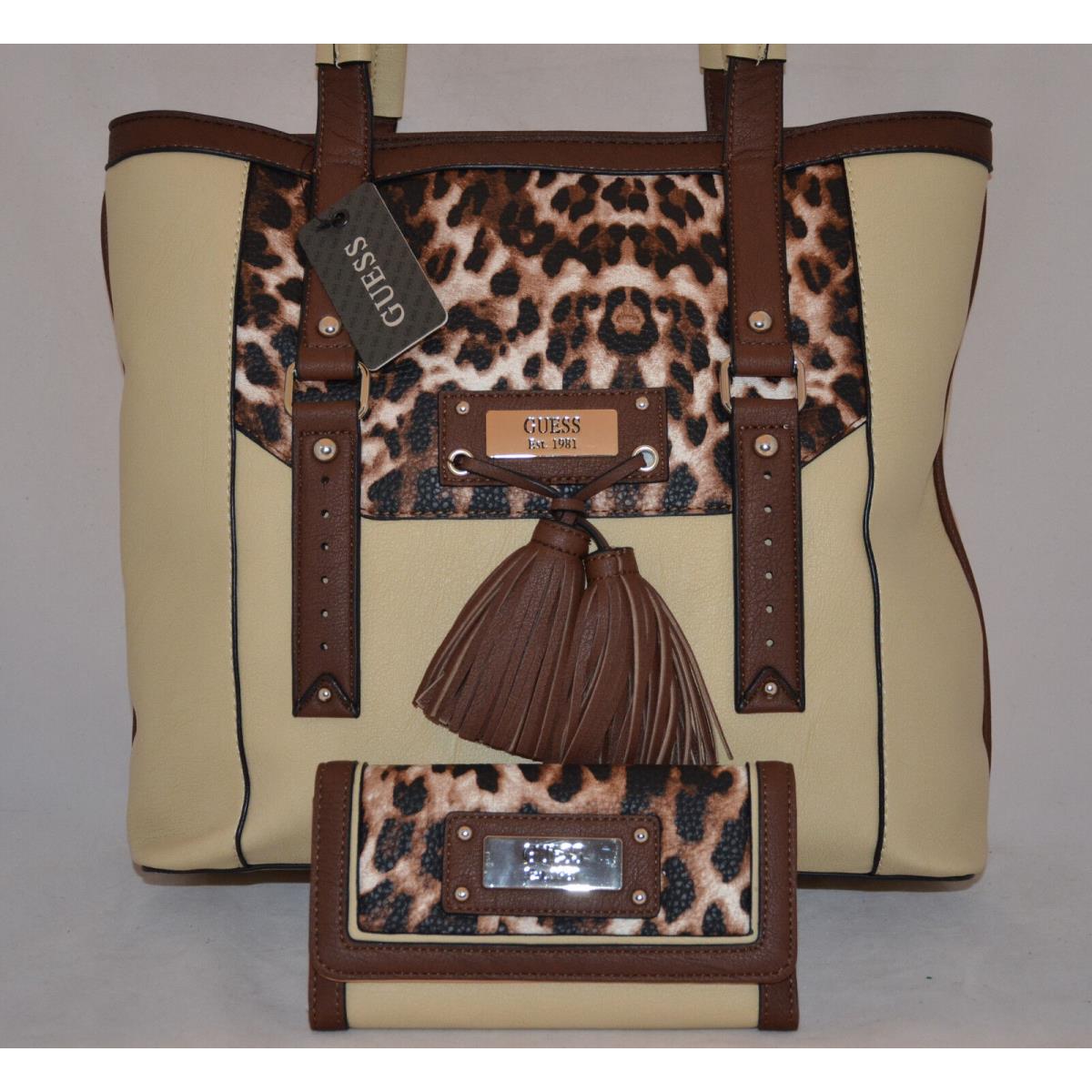 Guess Virginia Beach Tote Shopper Bag Purse Wallet Set Cream Leopard Tassel