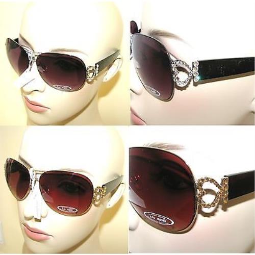 Swarovski Elements Crystal Heart Black+brown UV400 Aviator SUNGLASSES-64120