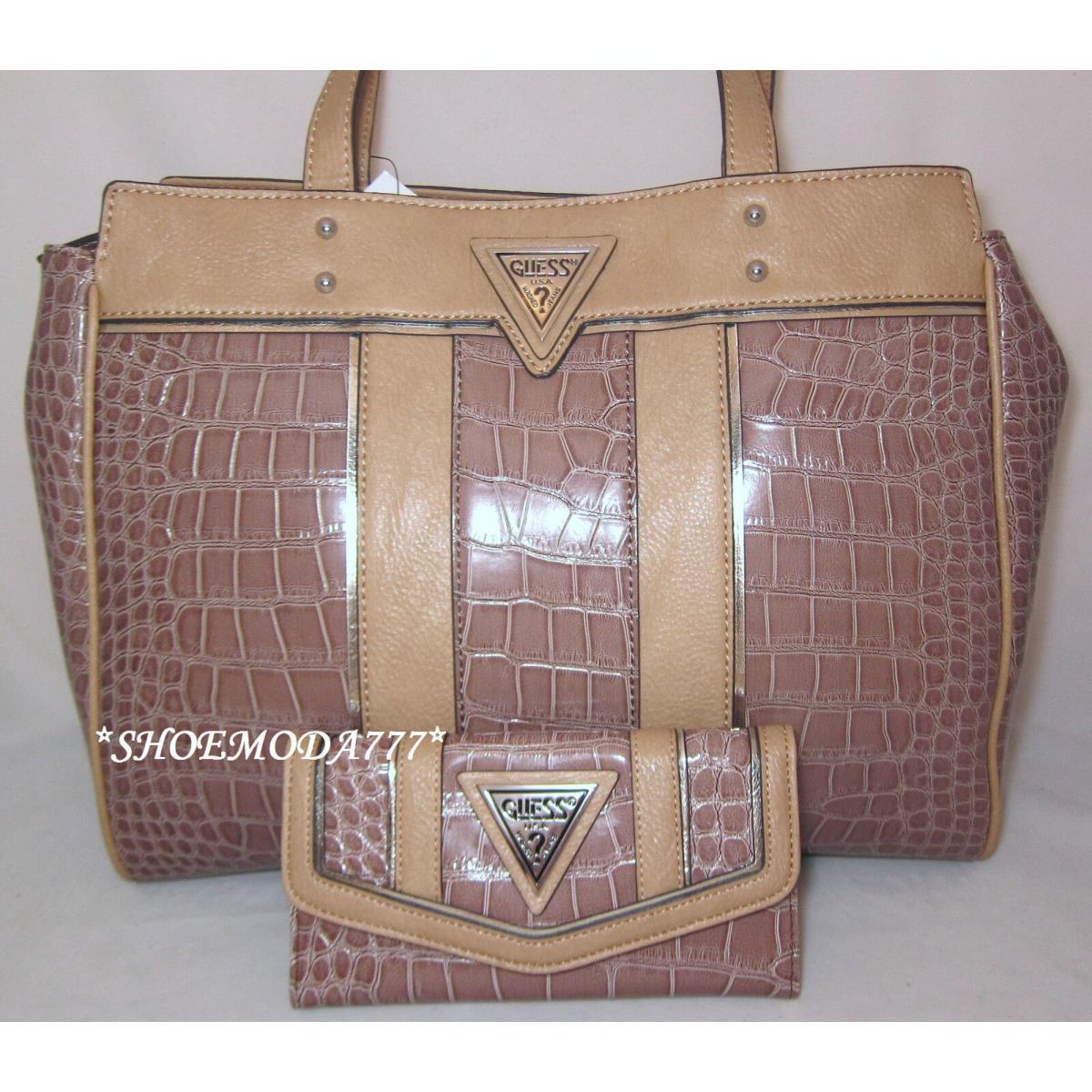 Guess Jacksonville Shoulder Bag Purse Tote Shopper Wallet Croco Triangle Logo Brown