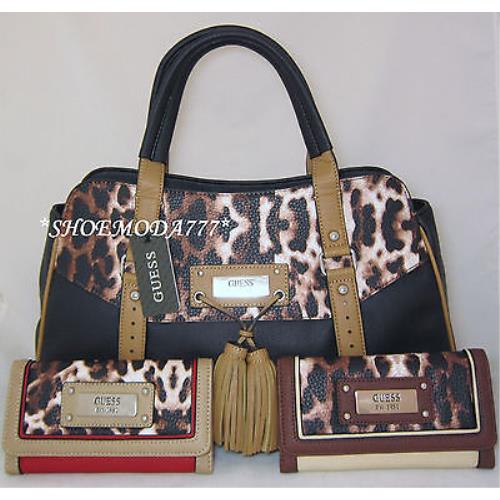 Guess Virginia Beach Satchel Bag Purse Wallet Set Black Red Cream Leopard Tassel