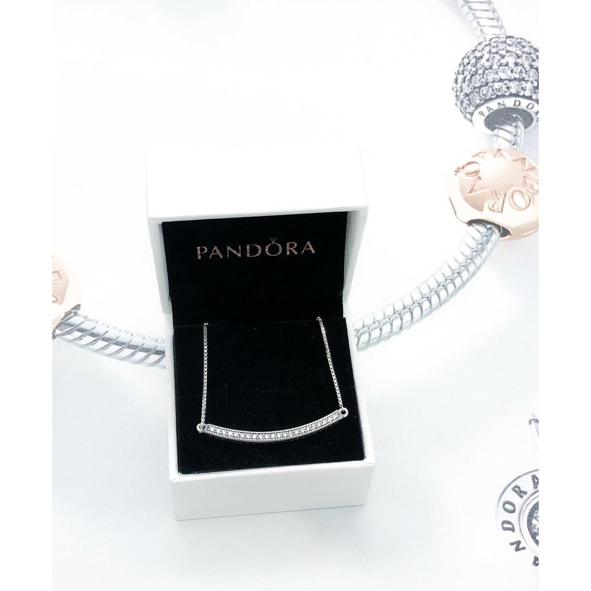 Pandora 925 Silver V Hearts of Pandora Bar Pendant Necklace 397420CZ