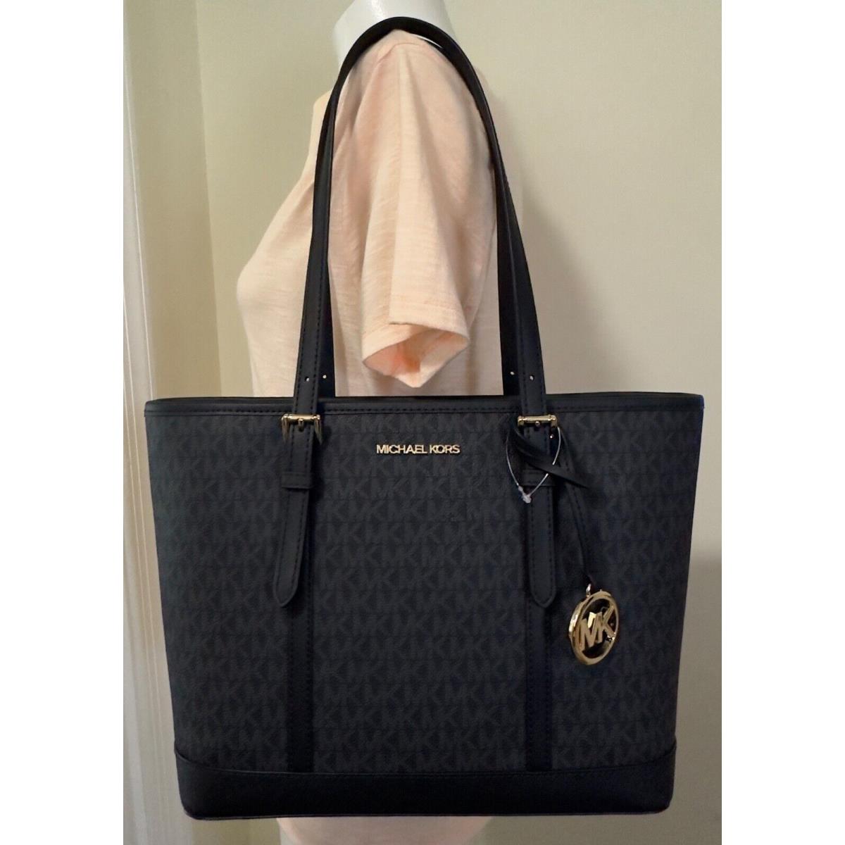 Michael Kors Jet Set Travel MK Logo Leather Small Top Zip Shoulder Tote Bag Black mk/Gold