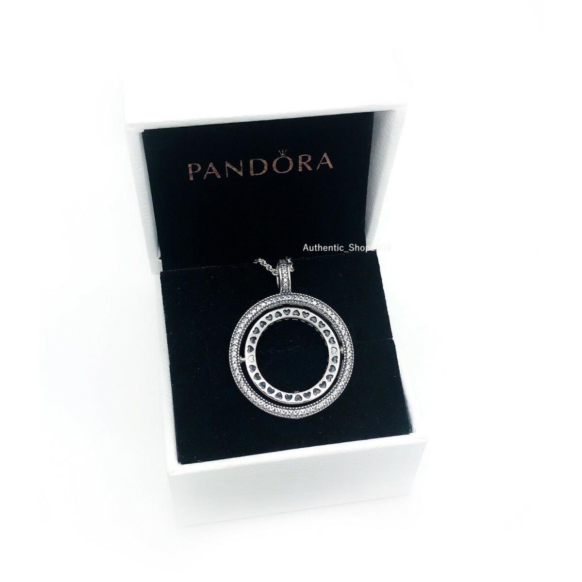 Pandora 925 Spinning Hearts Logo Circle Pendant Chain Necklace 397410CZ