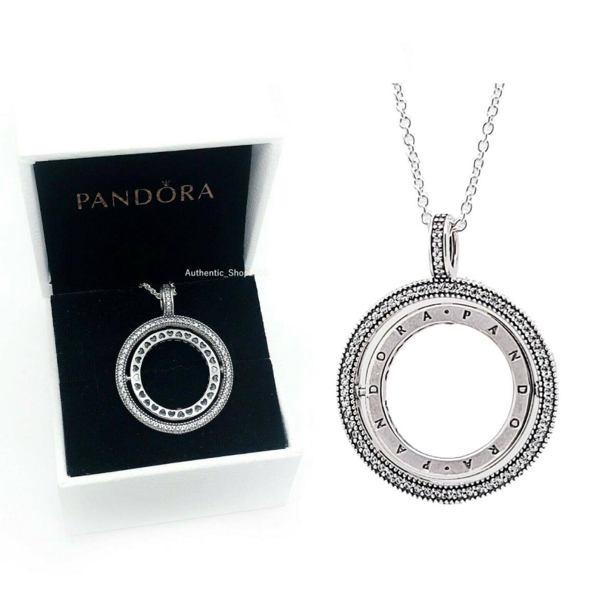 Pandora 925 Spinning Hearts Logo Circle Pendant Chain Necklace 397410CZ