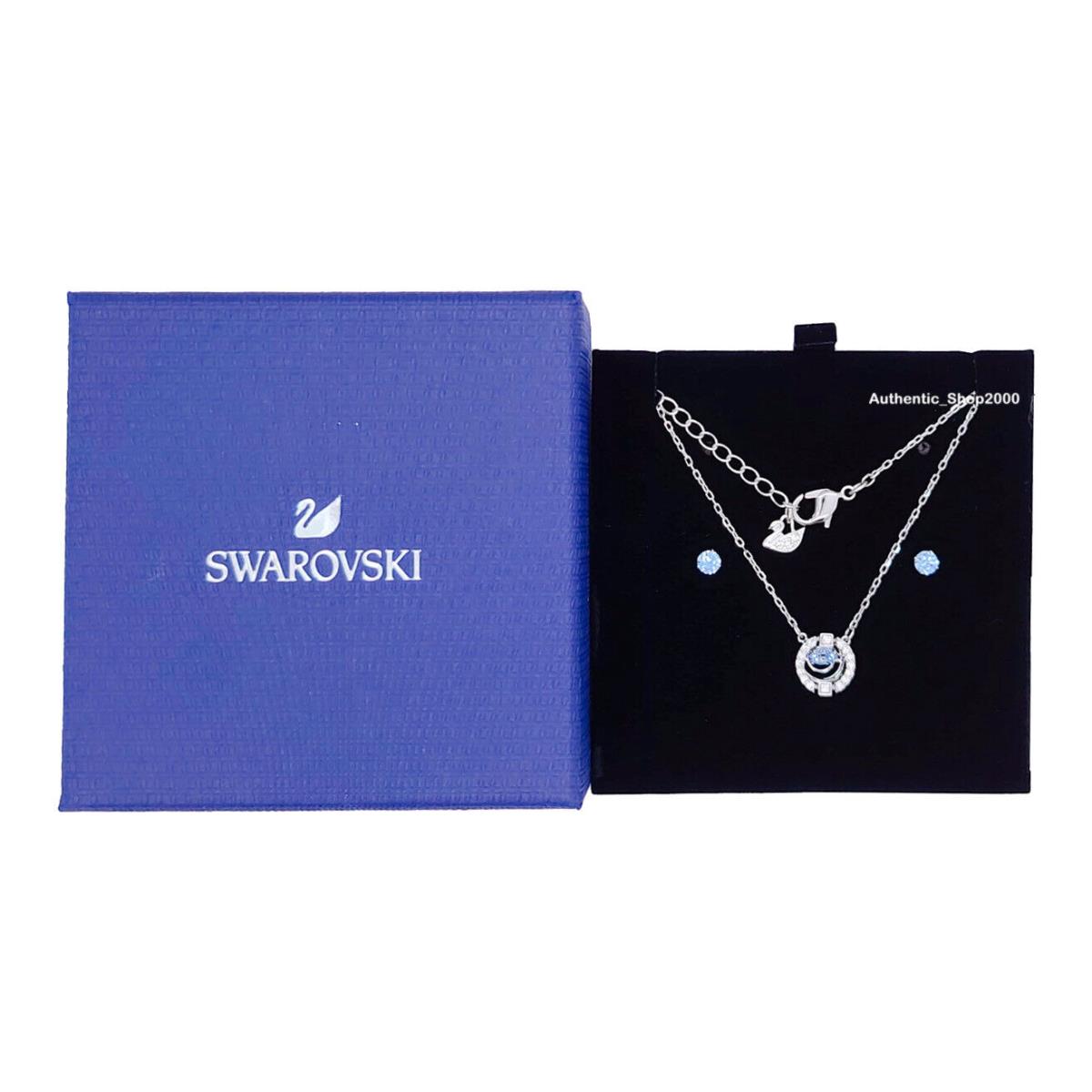 Swarovski Rhodium Sparkling Dance Blue Crystal Set Stud + Necklace 5480485