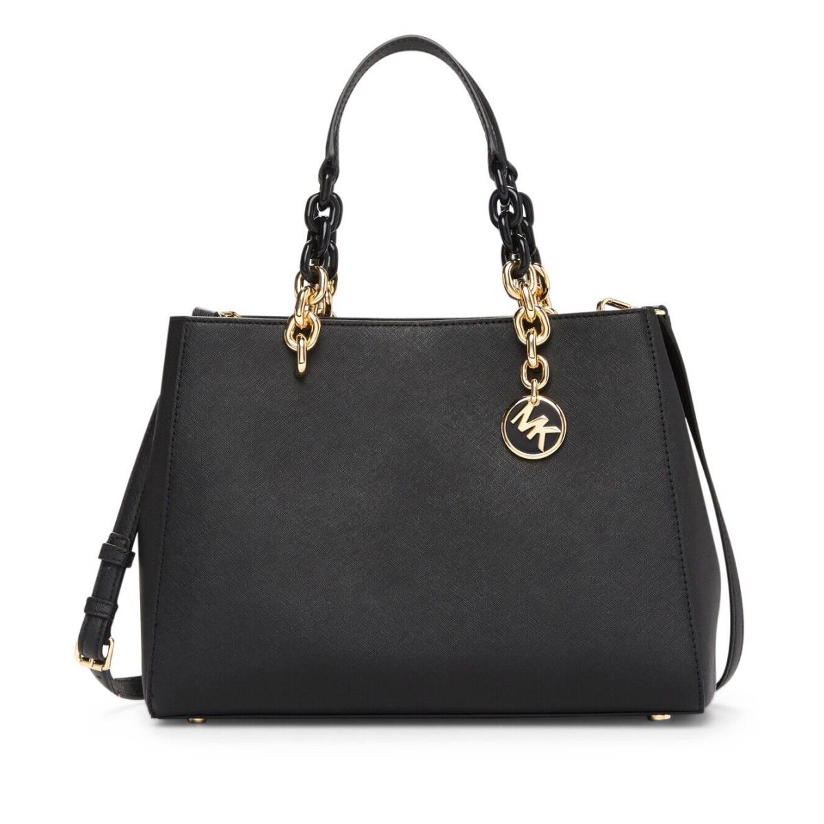 Michael Kors Cynthia Leather Sathcel Shoulder Bag Black Soft Pink Black
