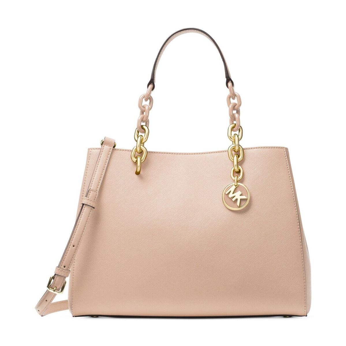 Michael Kors Cynthia Leather Sathcel Shoulder Bag Black Soft Pink Soft Pink