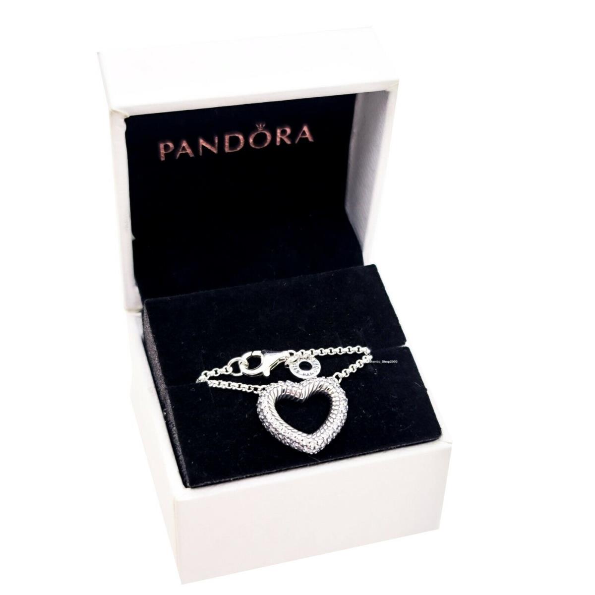 Pandora 925 Pav Snake Chain Pattern Open Heart Collier Necklace 399110C01