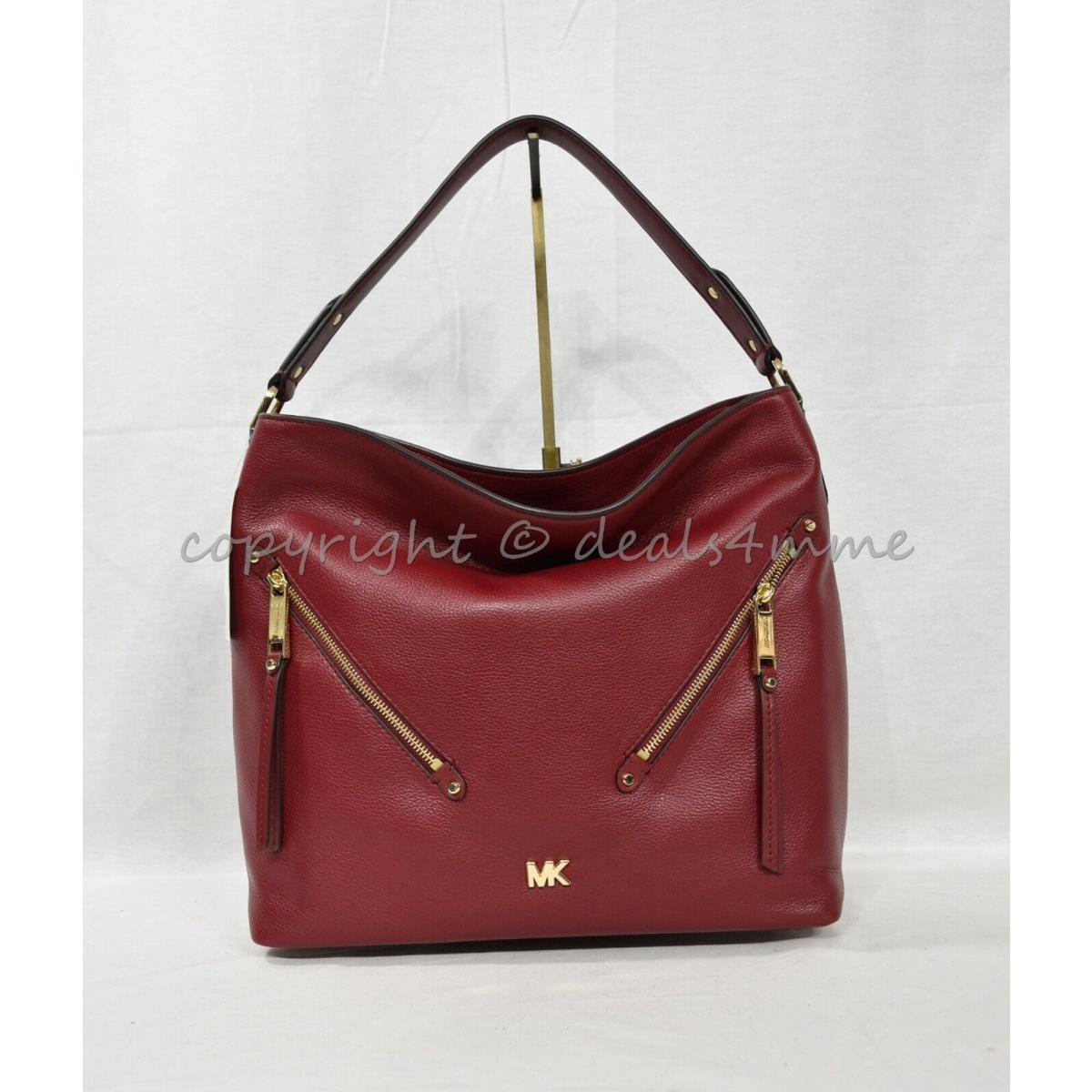 Michael Kors Evie Large Pebbled Leather Double Zipper Hobo shoulder Bag Maroon Fash Brands