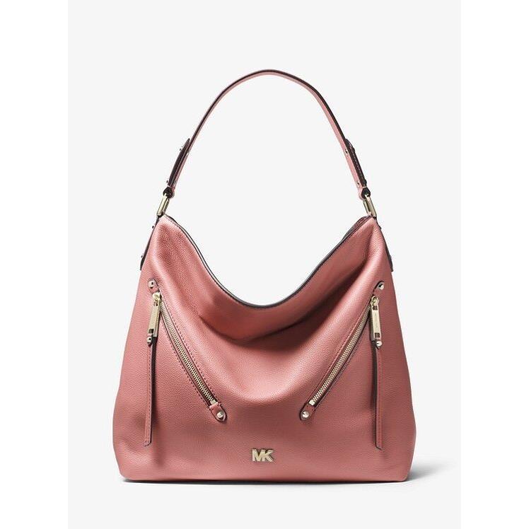 Michael Kors Evie Large Pebbled Leather Double Zipper Hobo shoulder Bag Rose Fash Brands