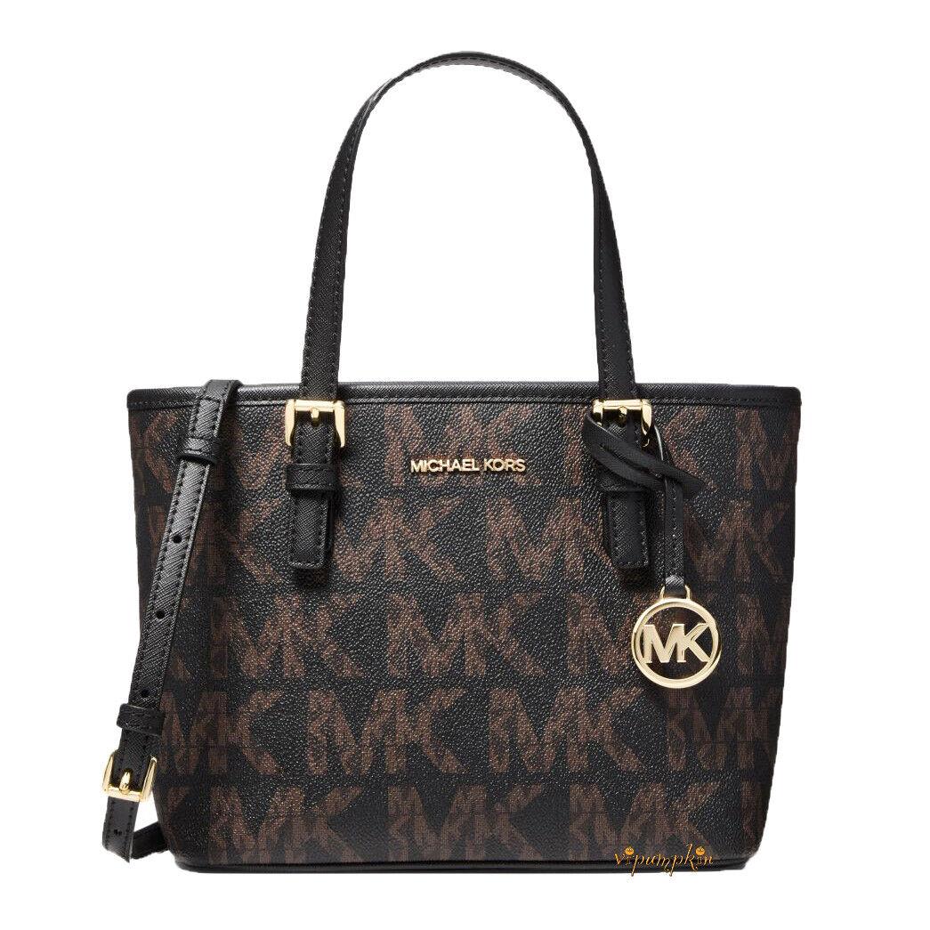 Michael Kors Jet Set Carryall Tote Extra Small Crossbody XS Graphic Logo Bag Brown Black Graphic Logo