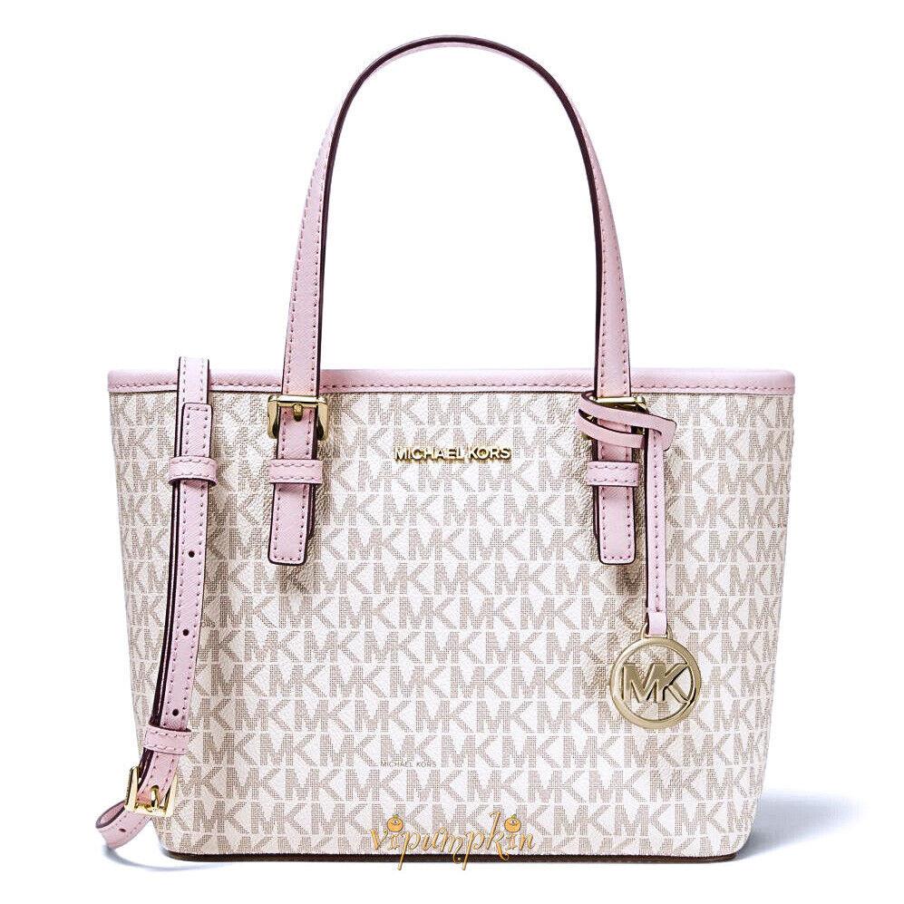Michael Kors Jet Set Carryall Tote Extra Small Crossbody XS Graphic Logo Bag Vanilla Powder Blush MK Logo PVC