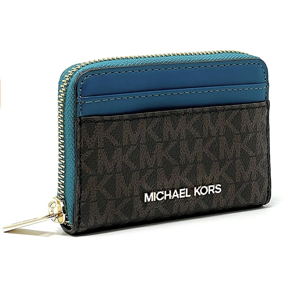Michael Kors Jet Set Travel Medium Zip Around Card Case Wallet MK Signature Brown Lagoon Blue