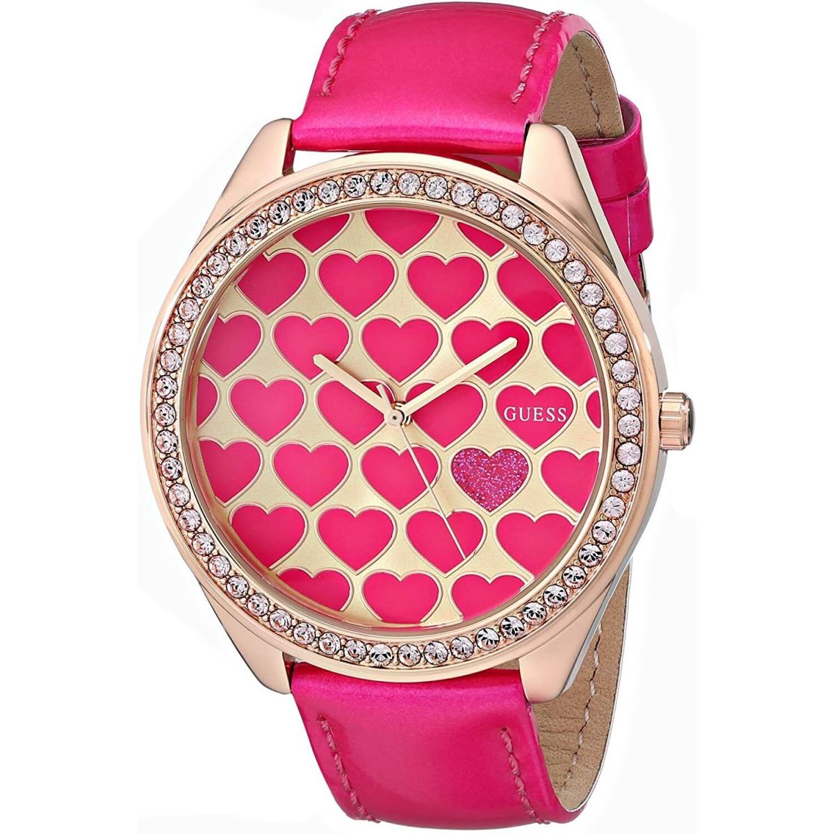 Guess Women`s Pink Heart Rose Gold-tone Case Patent Leather Oversized Watch