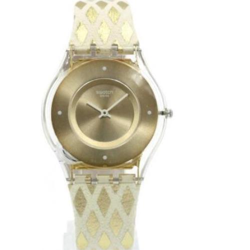 Swiss Swatch Classic Skin Losangelor Leatherband Gold Watch 34mm SFE103