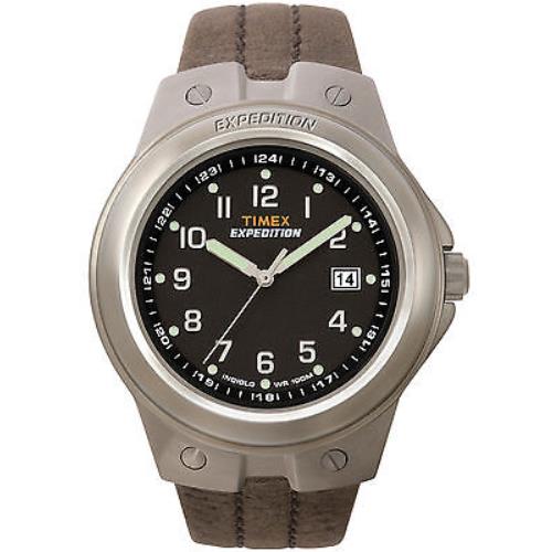 Timex T49631 Expedition Brown Leather Watch Indiglo Date 100 Meter WR - Dial: Black, Band: Brown