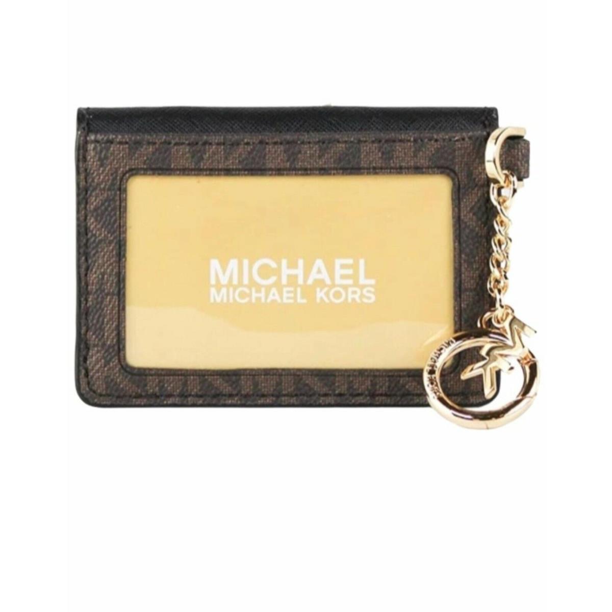 Michael Kors Small Leather Signature Logo Flap Key Ring Card Case Wallet Brown