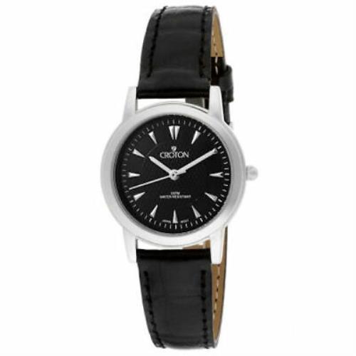Croton Ladies Ultra Slim Black Leather Strap Watch with Black Bezel and Silver