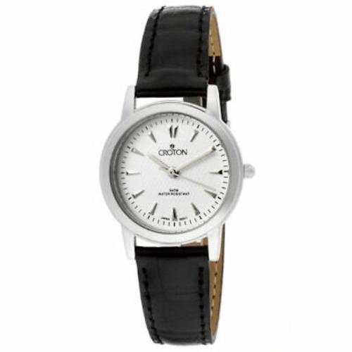 Croton Ladies Ultra Slim Black Leather Strap Watch with White Bezel and Silver