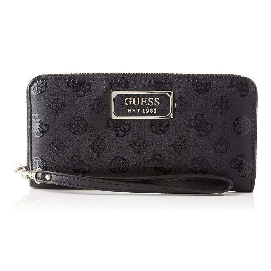 Guess Women`s Kamryn Peony Logo Large Zip Around Black Wallet 12 Card Slots