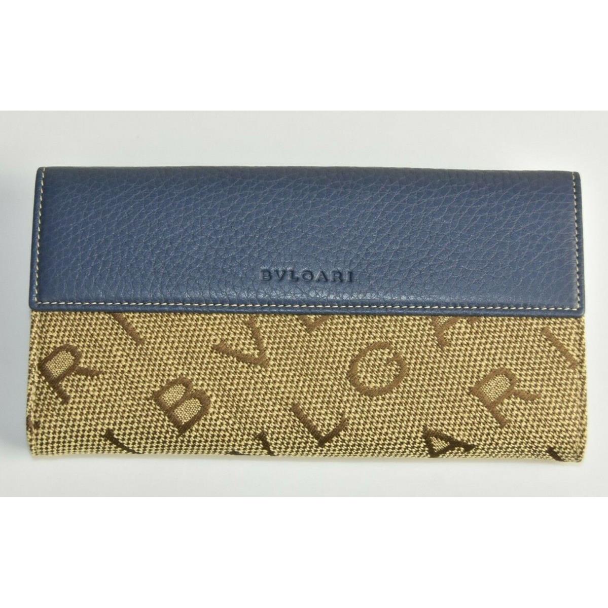 Bvlgari Blue Leather Long Large Wallet Beige Natural Logo Canvas